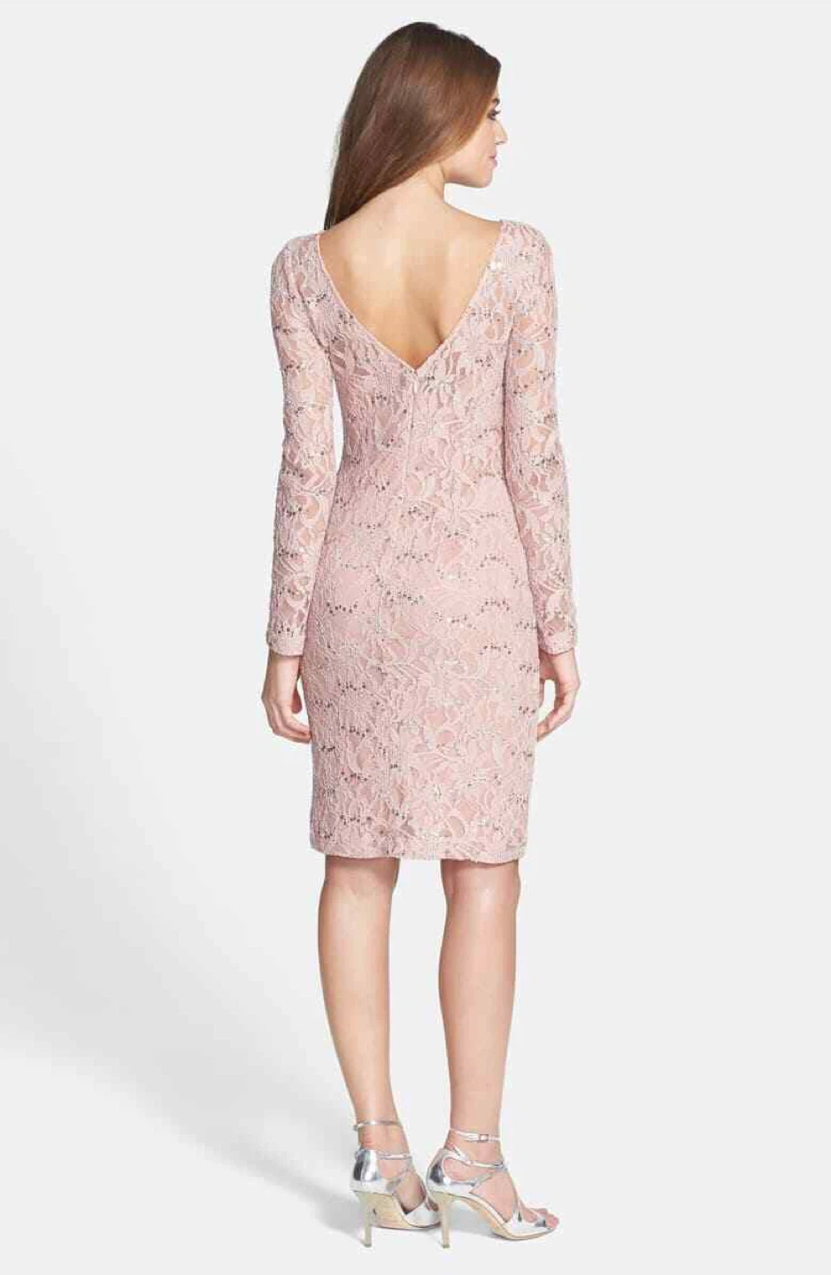 Pink Lace Beaded Sheath Dress with Long Sleeves - photo 2