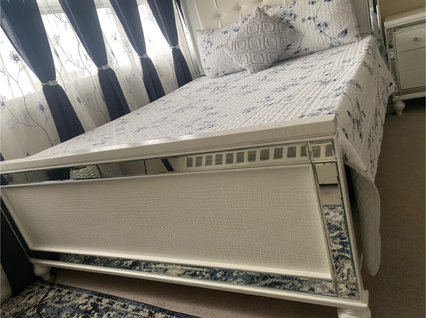White Crocodile Embossed Queen Bedroom Set with mattress