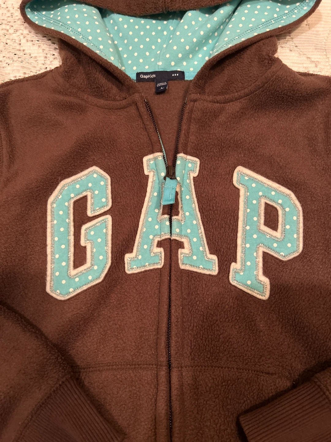 Gap Kids Brown Fleece Hoodie with Blue Polka Dot Lining - photo 3