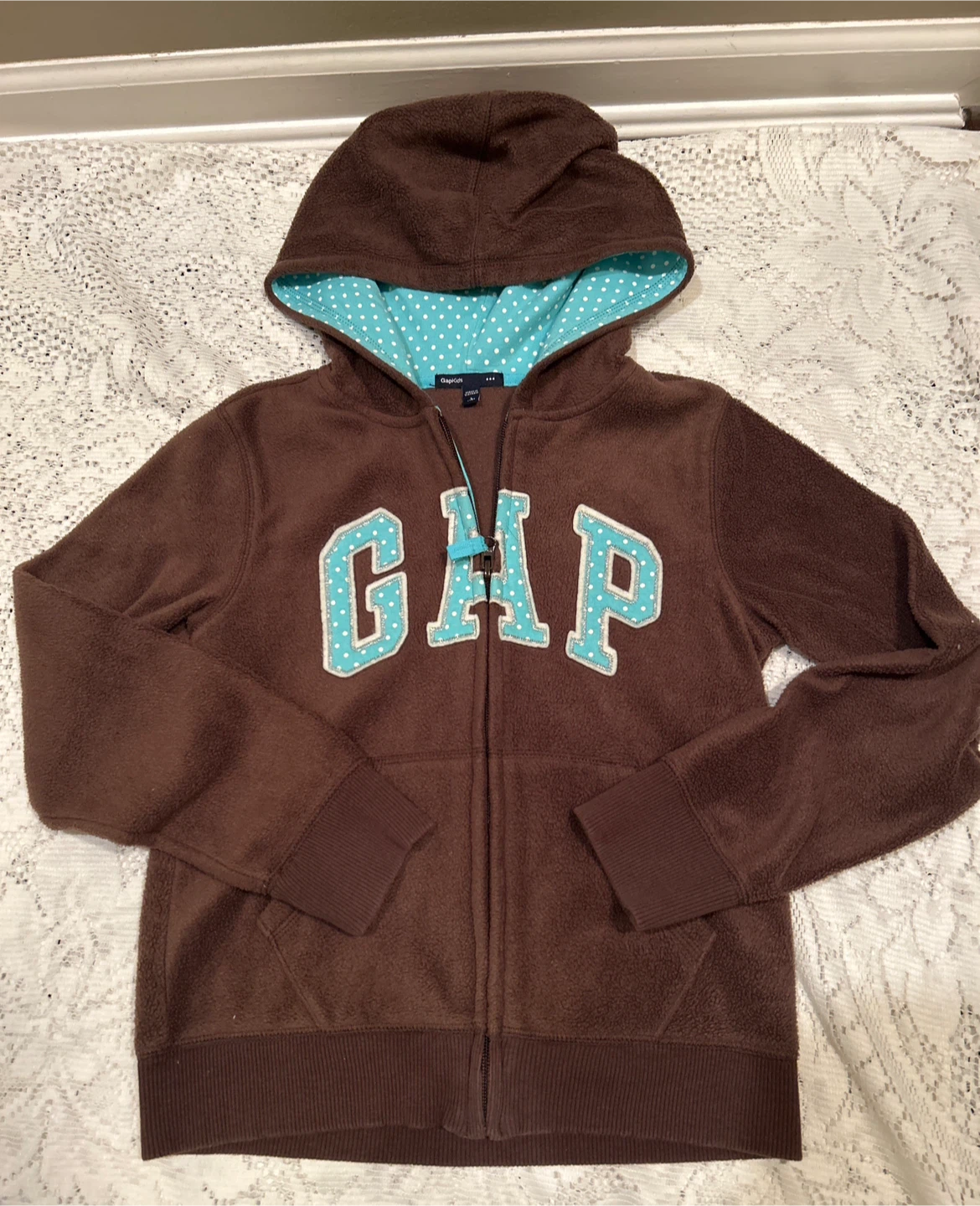Gap Kids Brown Fleece Hoodie with Blue Polka Dot Lining