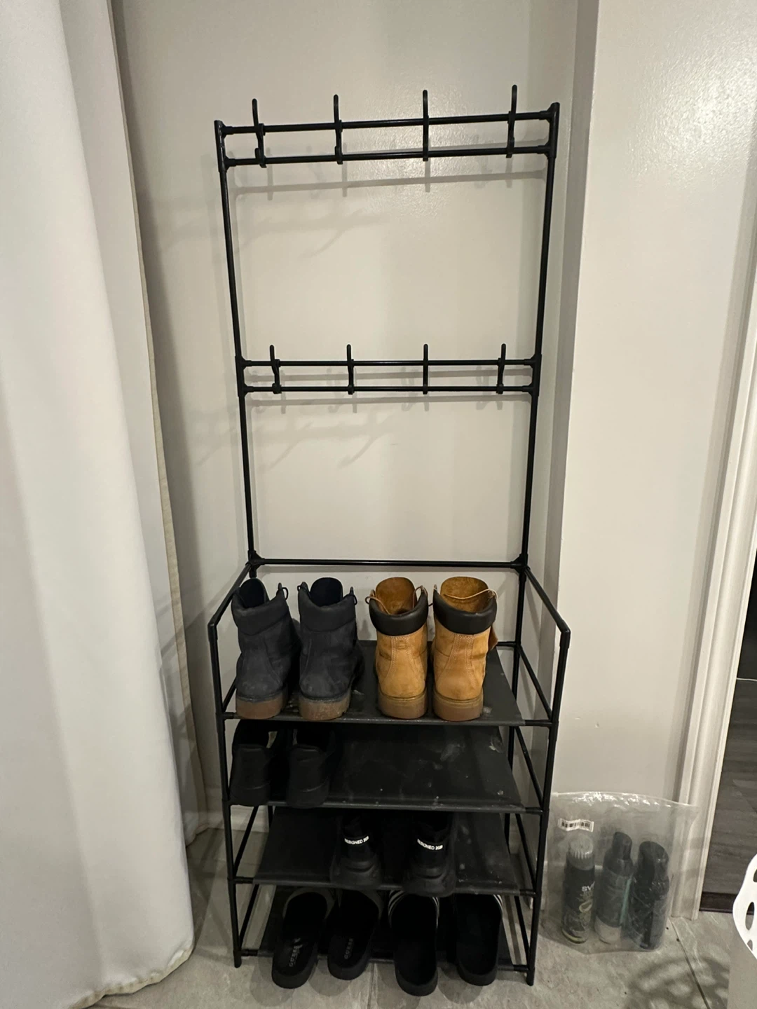 Black Metal Shoe Rack with Hanging Hooks
