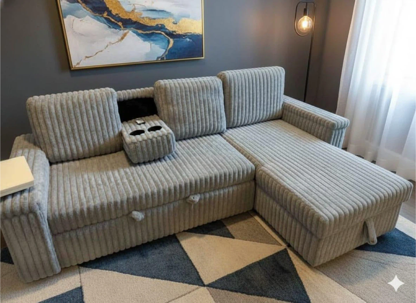 Grey Corduroy Sectional Sofa with Storage and Built-in Outlets