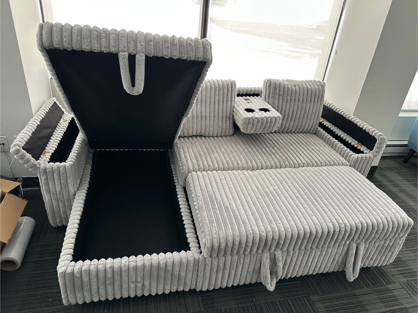 Grey Corduroy Sectional Sofa with Storage and Built-in Outlets - photo 3