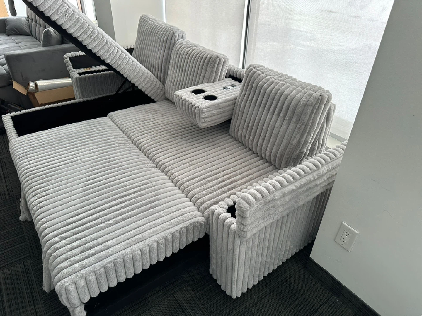 Grey Corduroy Sectional Sofa with Storage and Built-in Outlets - photo 4