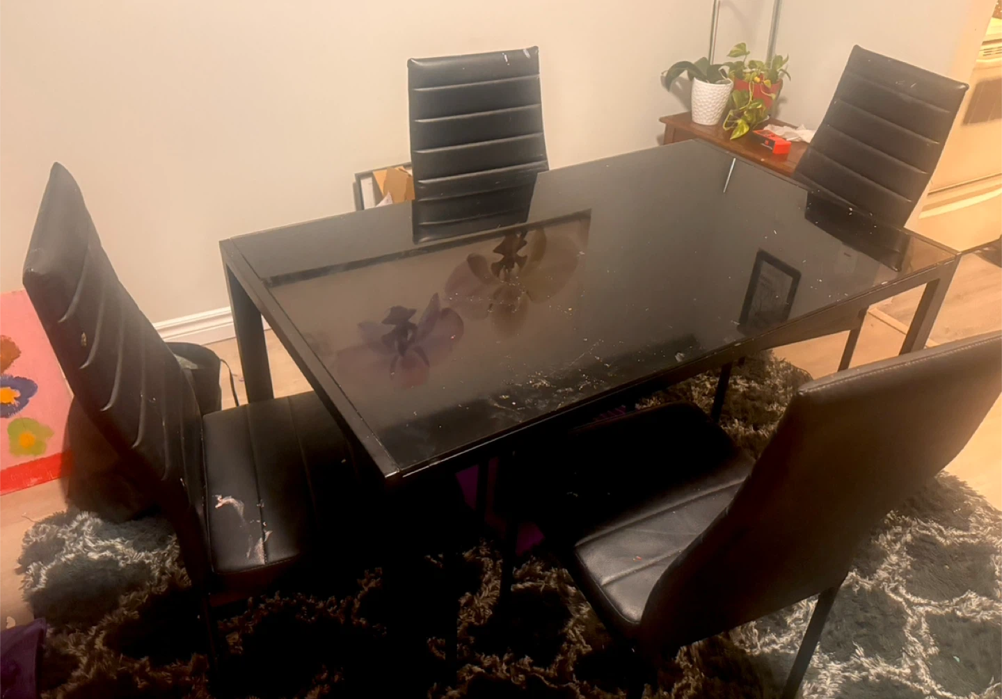 Black Glass Dining Table with 4 Faux Leather Chairs