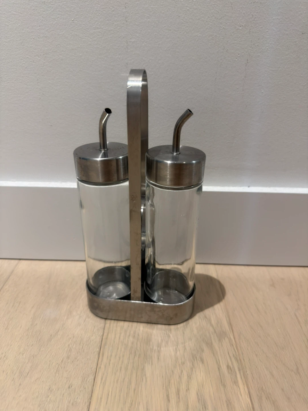 Glass Oil and Vinegar Cruet Set with Stainless Steel Caddy