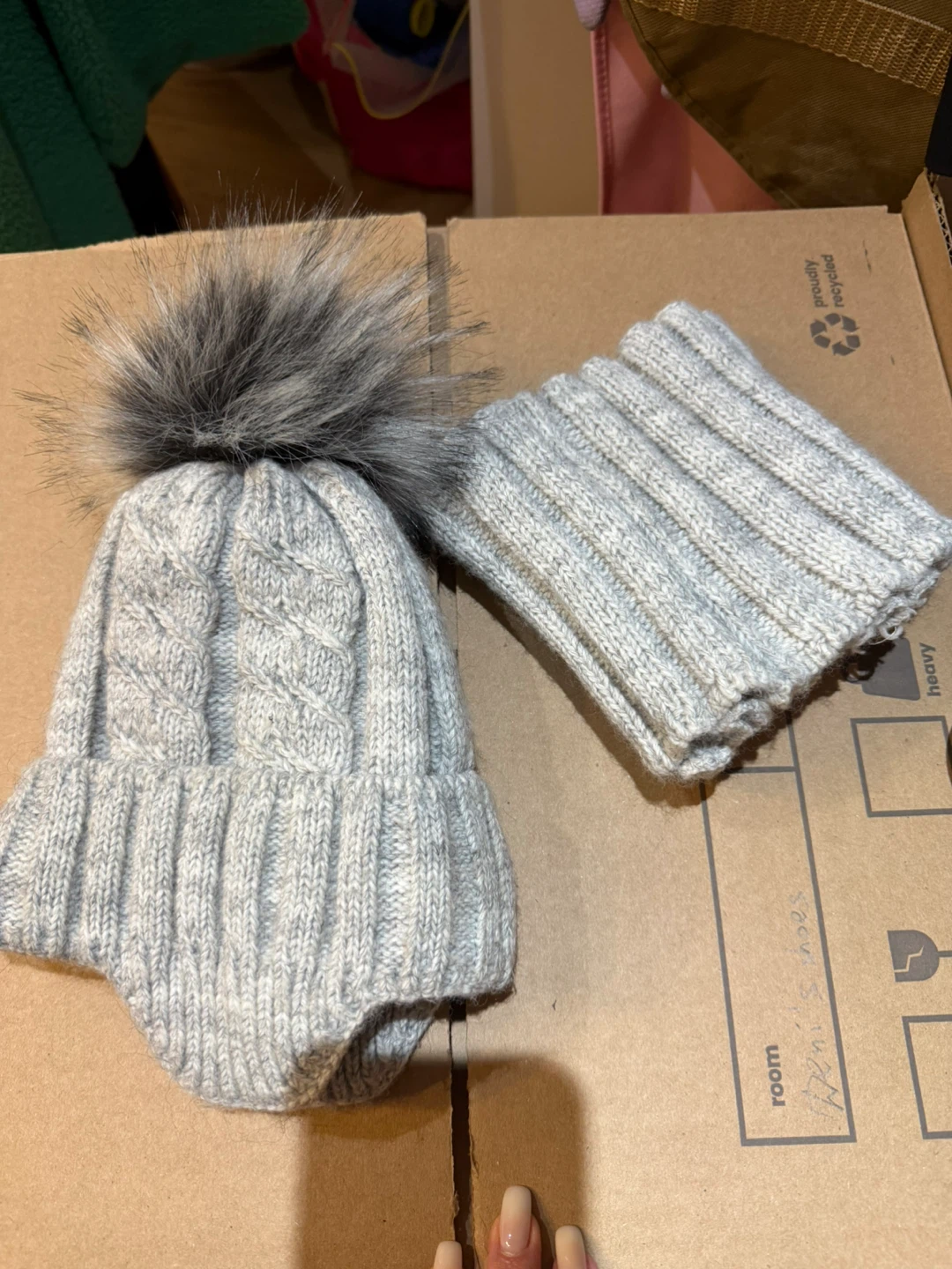 Grey Knit Pom Pom Beanie and Scarf Set