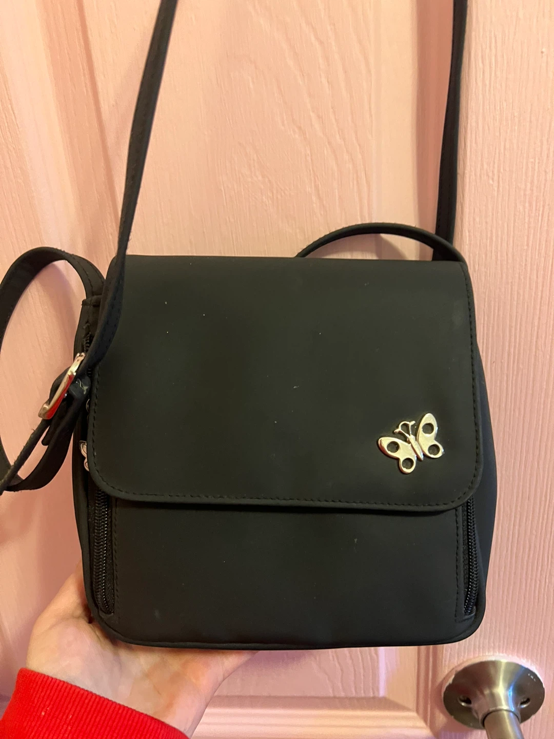 Black Crossbody Bag with Butterfly Accent