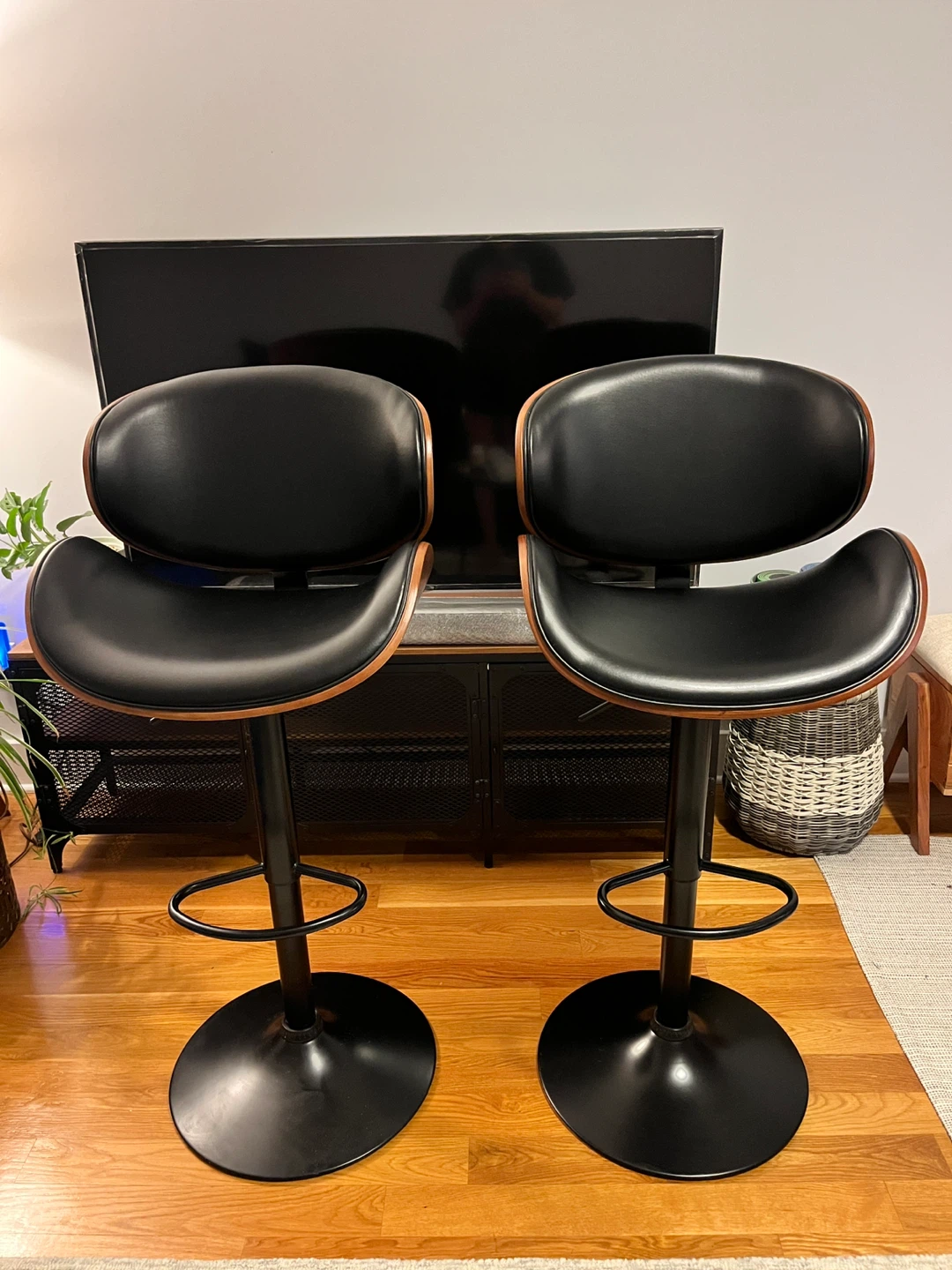 2 Black Faux Leather and Wood Bar Stools