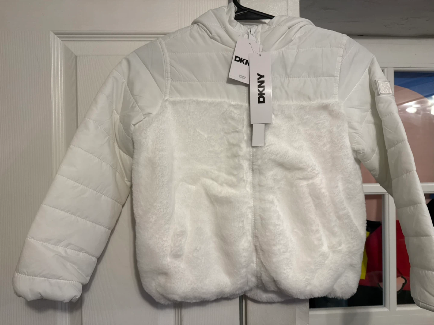 DKNY White Puffer Jacket with Faux Fur Accents