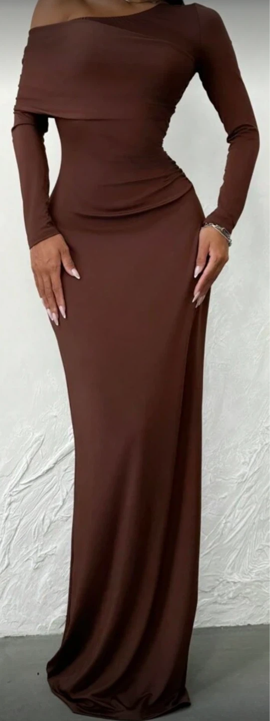 Brown One-Shoulder Maxi Dress