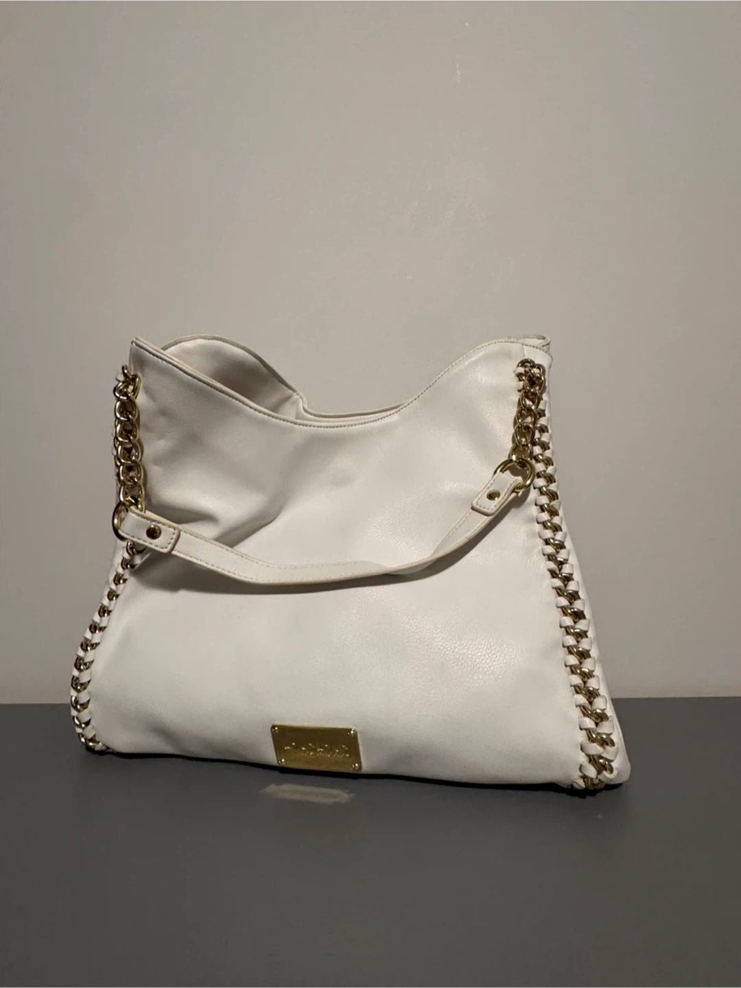 White Hobo Bag with Gold Chain Detail