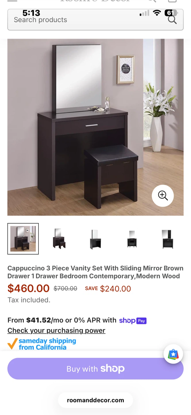 Cappuccino 3 Piece Vanity Set with Sliding Mirror