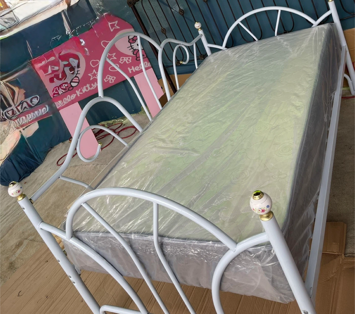 White Metal Twin Bed Frame with Decorative Details - photo 2