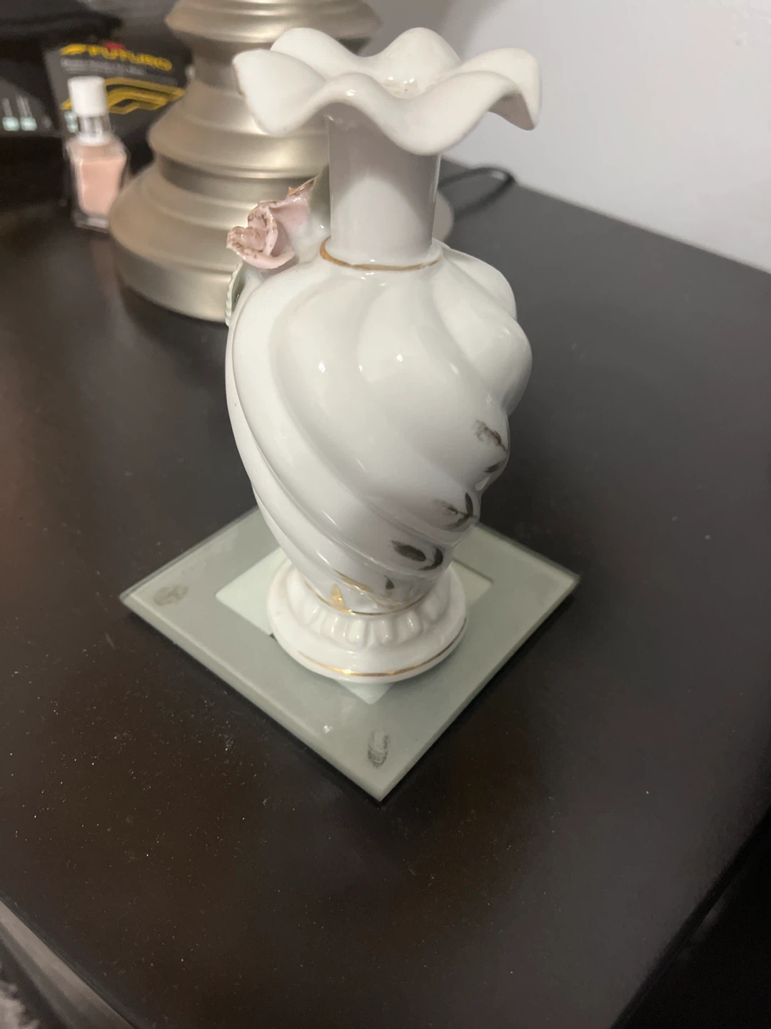White Porcelain Bud Vase with Pink Roses and Gold Trim - photo 2
