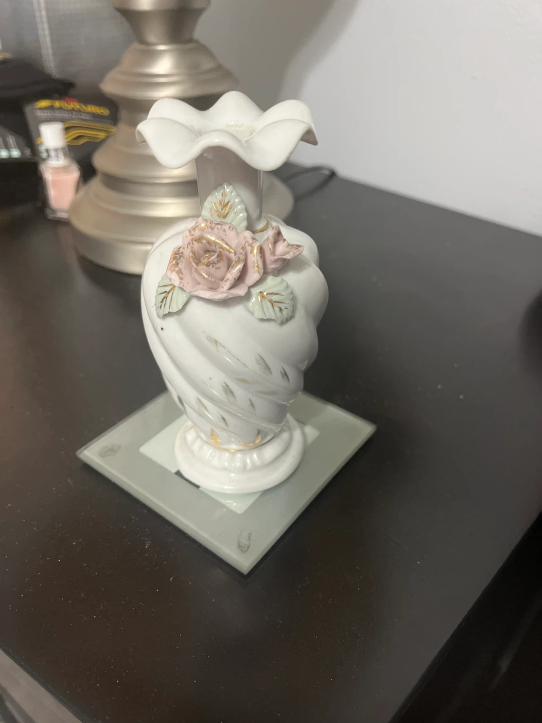 White Porcelain Bud Vase with Pink Roses and Gold Trim