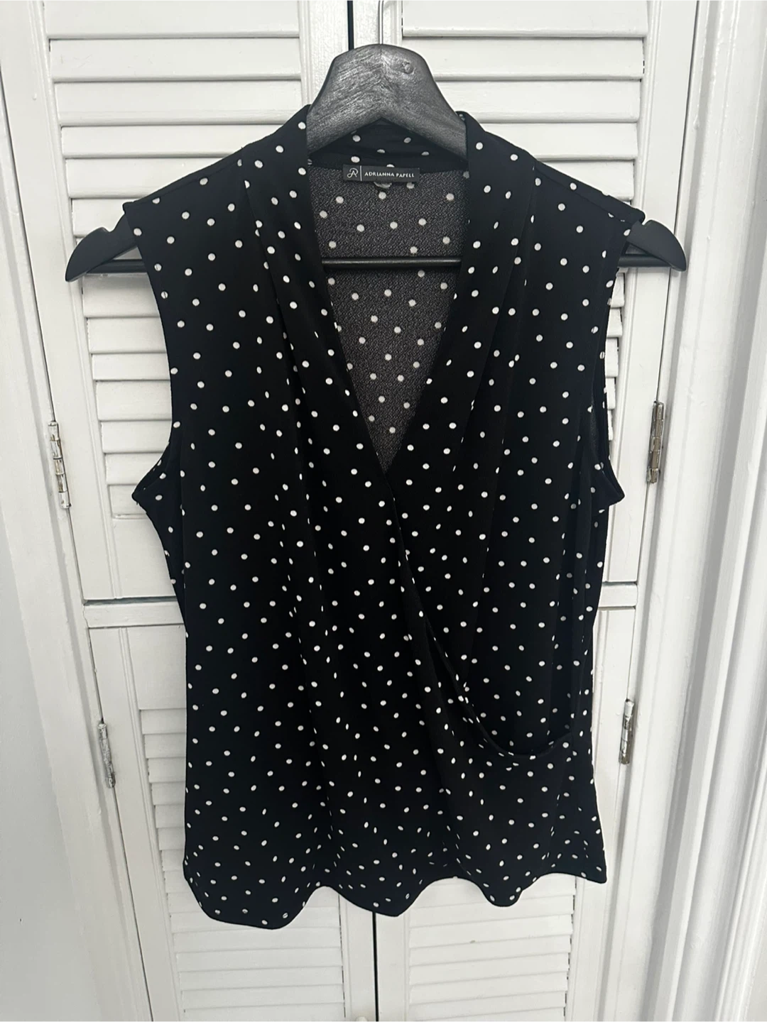 Adrianna Papell Black & White Polka Dot Sleeveless Wrap Top