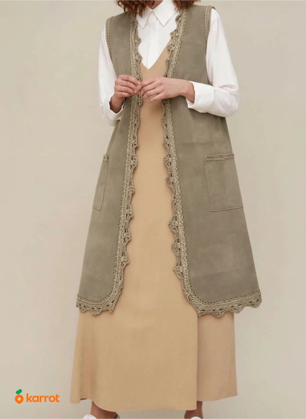 Women's Suede Vest with Crochet Trim