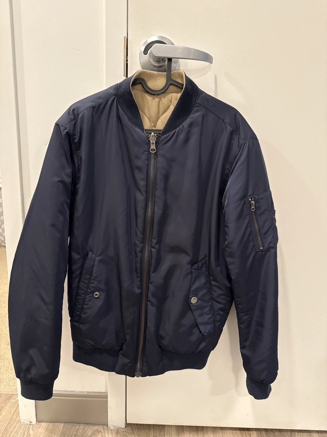 Zara Navy Bomber Jacket with Tan Lining