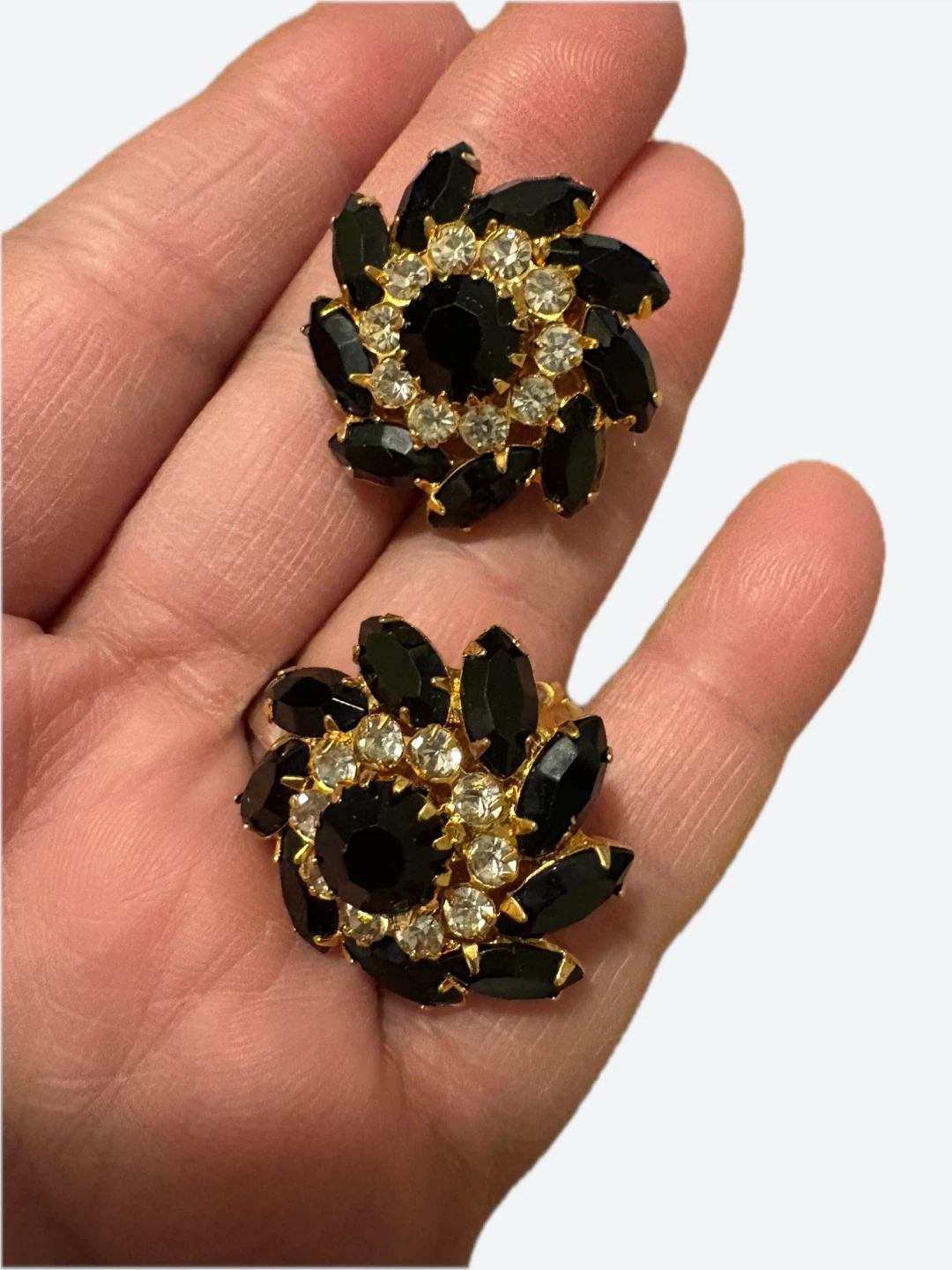 Vintage Black and Clear Crystal Flower Clip-On Earrings