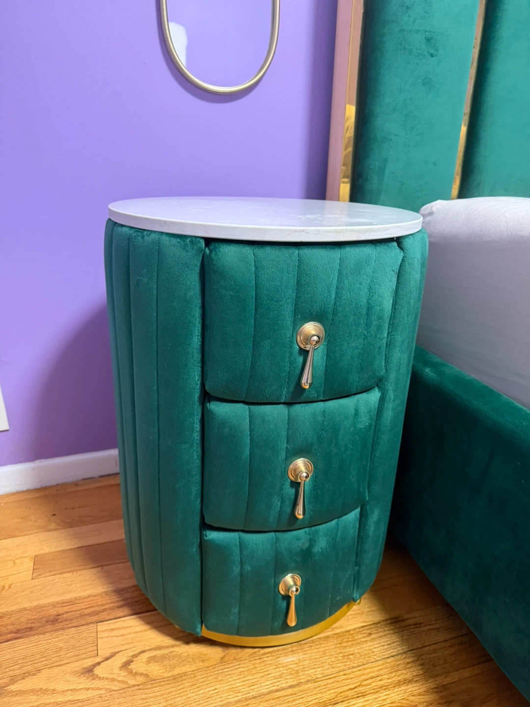 Two Emerald Green Velvet Nightstands with Marble Top