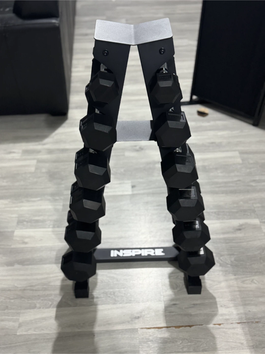 Inspire Fitness Rubber Hex Dumbbell Set with Vertical Rack