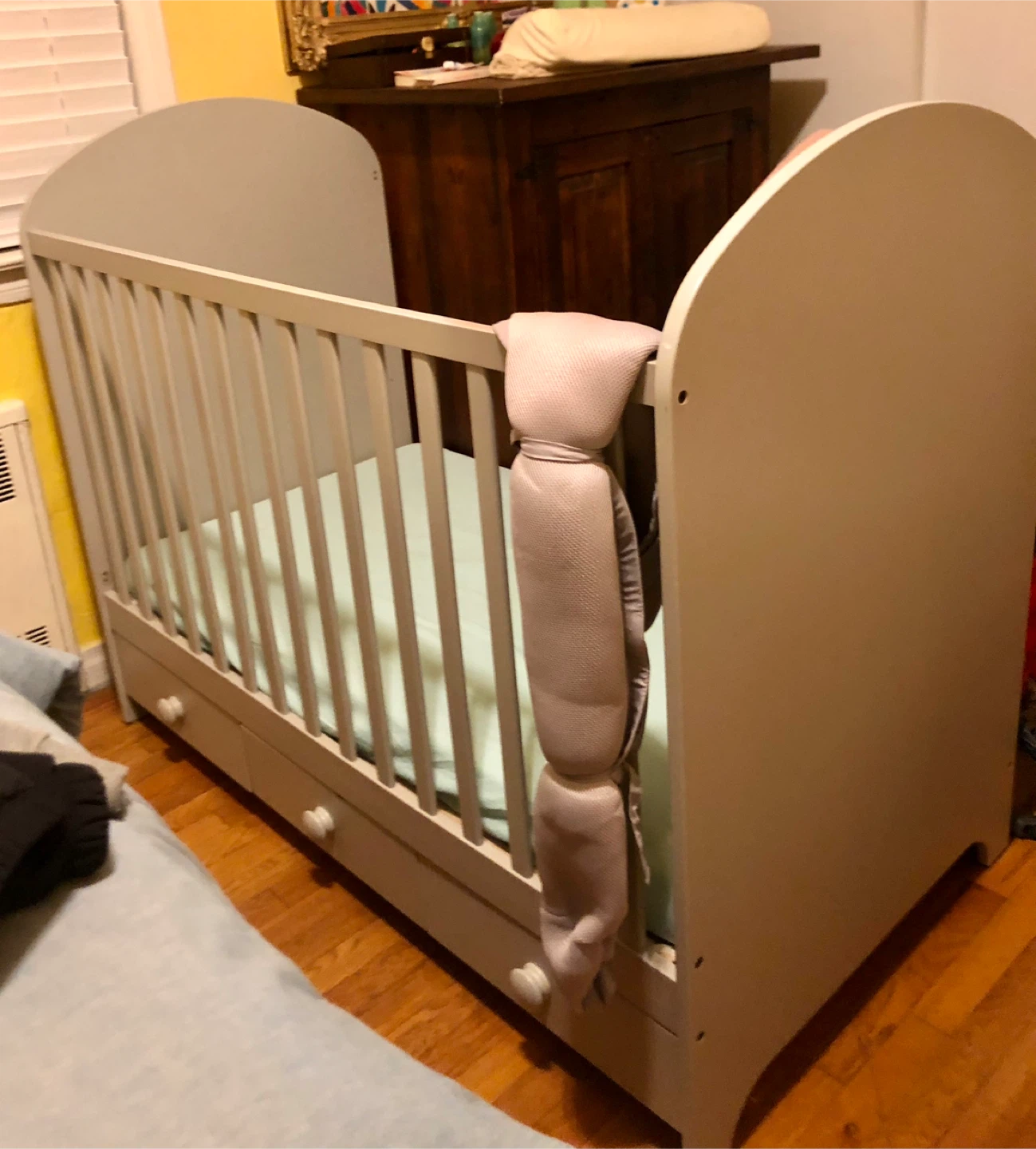 Gray IKEA Crib with Drawer Storage