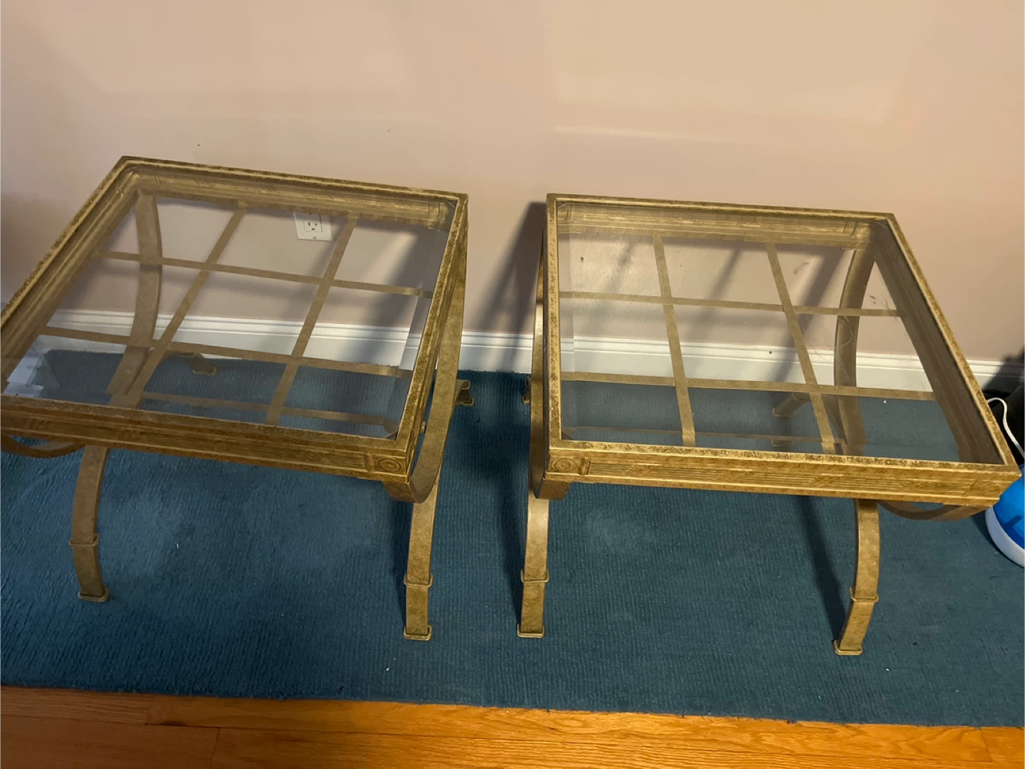 Pair of Gold Metal Frame Glass Top End Tables