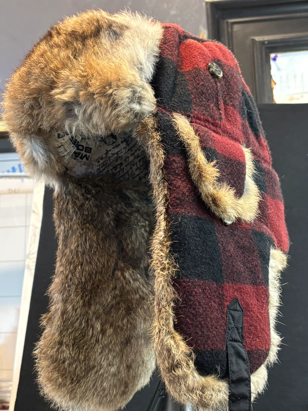 Mad Bomber Red Plaid Trapper Hat with Faux Fur
