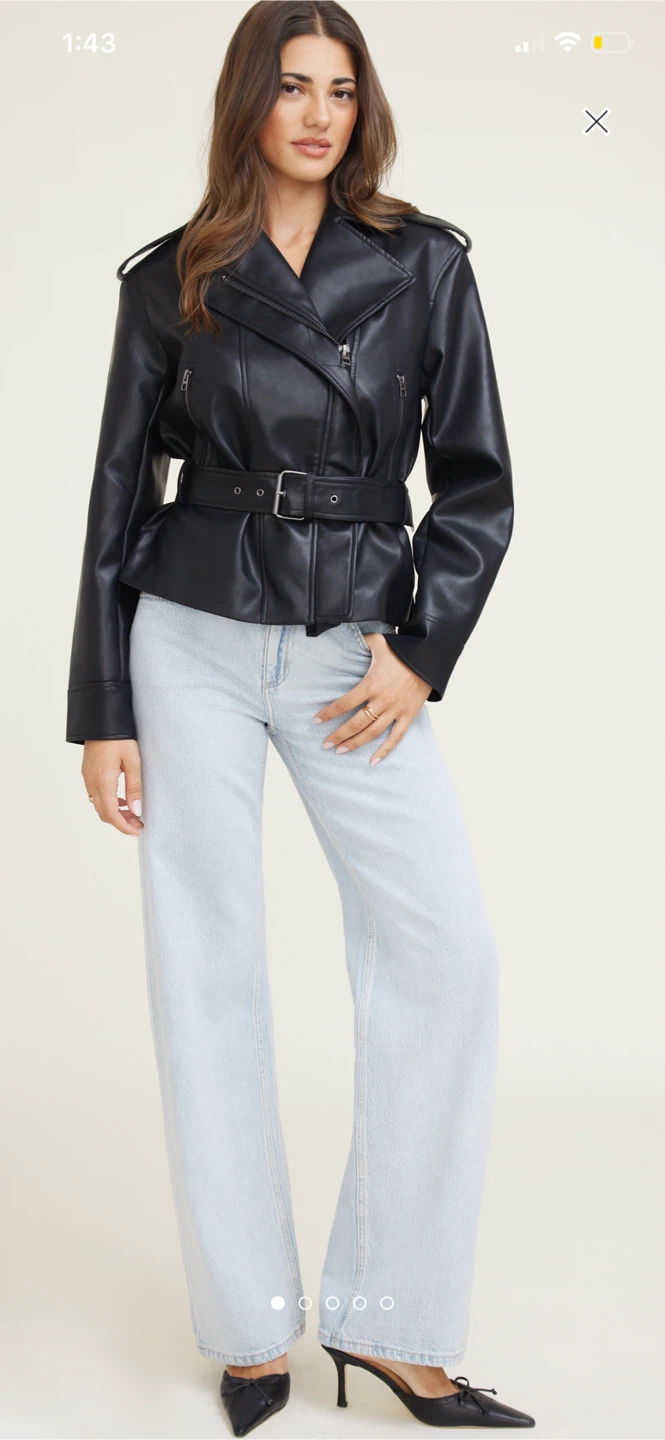 Black Faux Leather Belted Moto Jacket