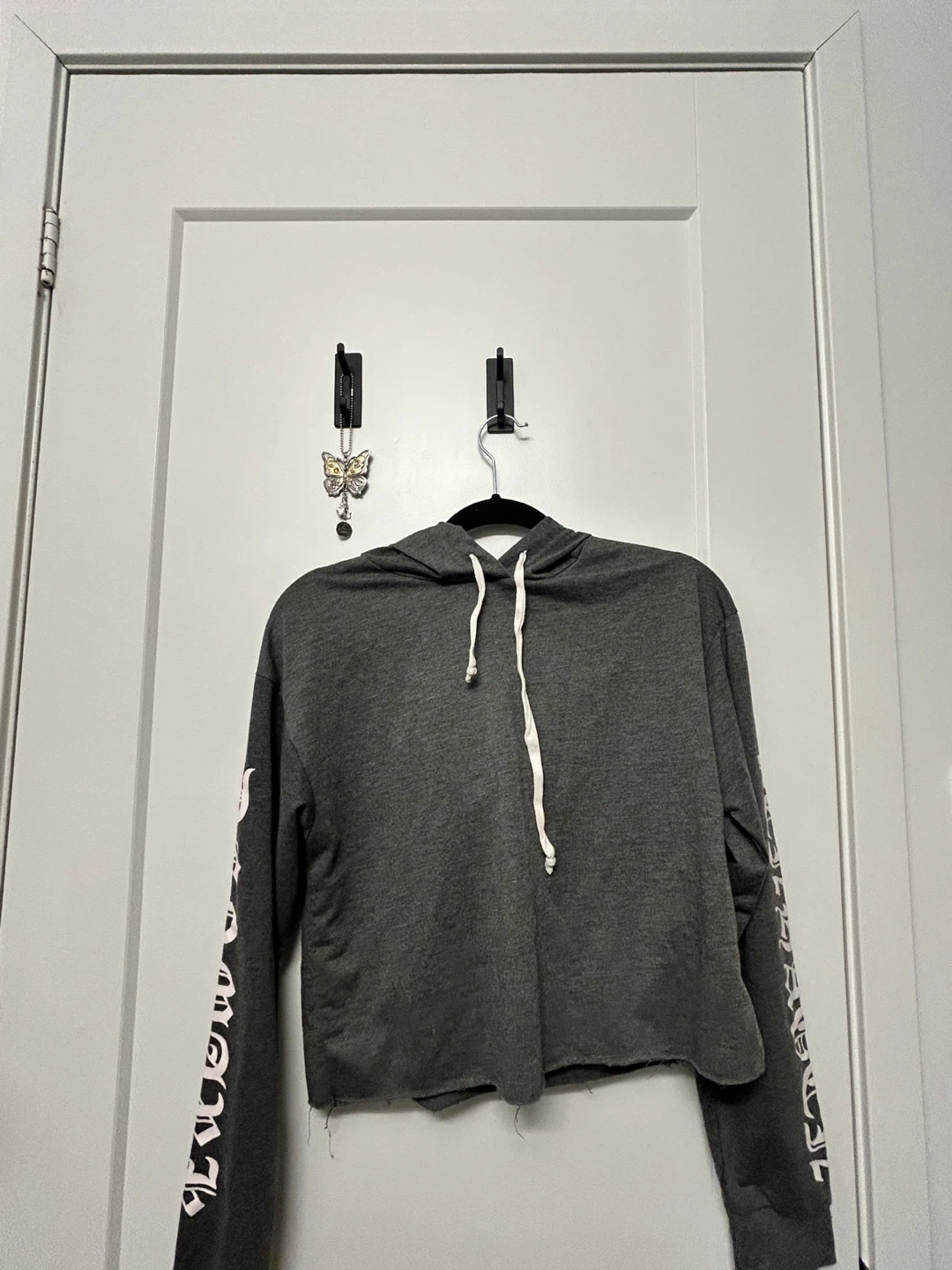 Dark Grey Cropped Hoodie with Graphic Sleeves