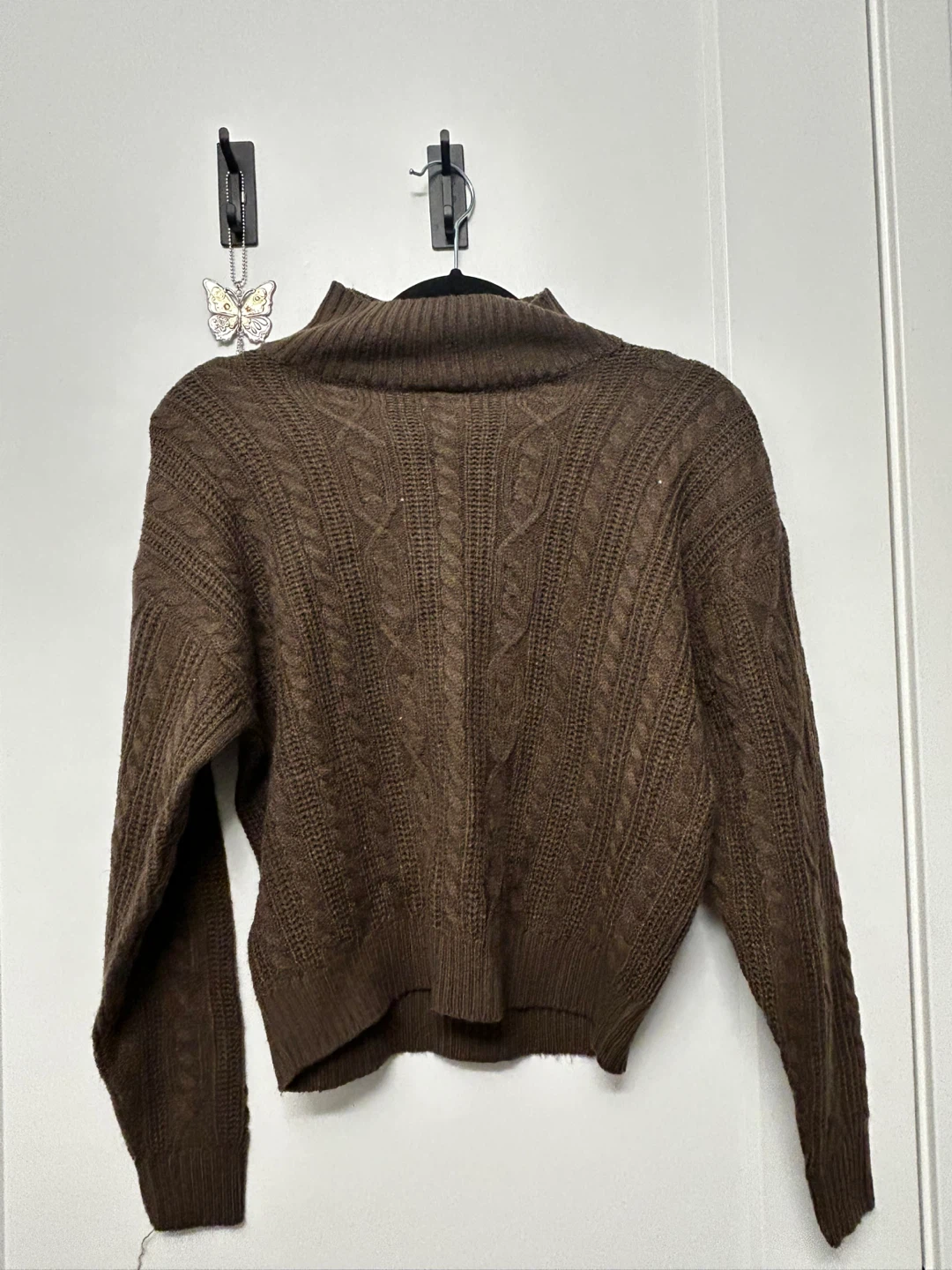 Brown Cable Knit Mock Neck Sweater