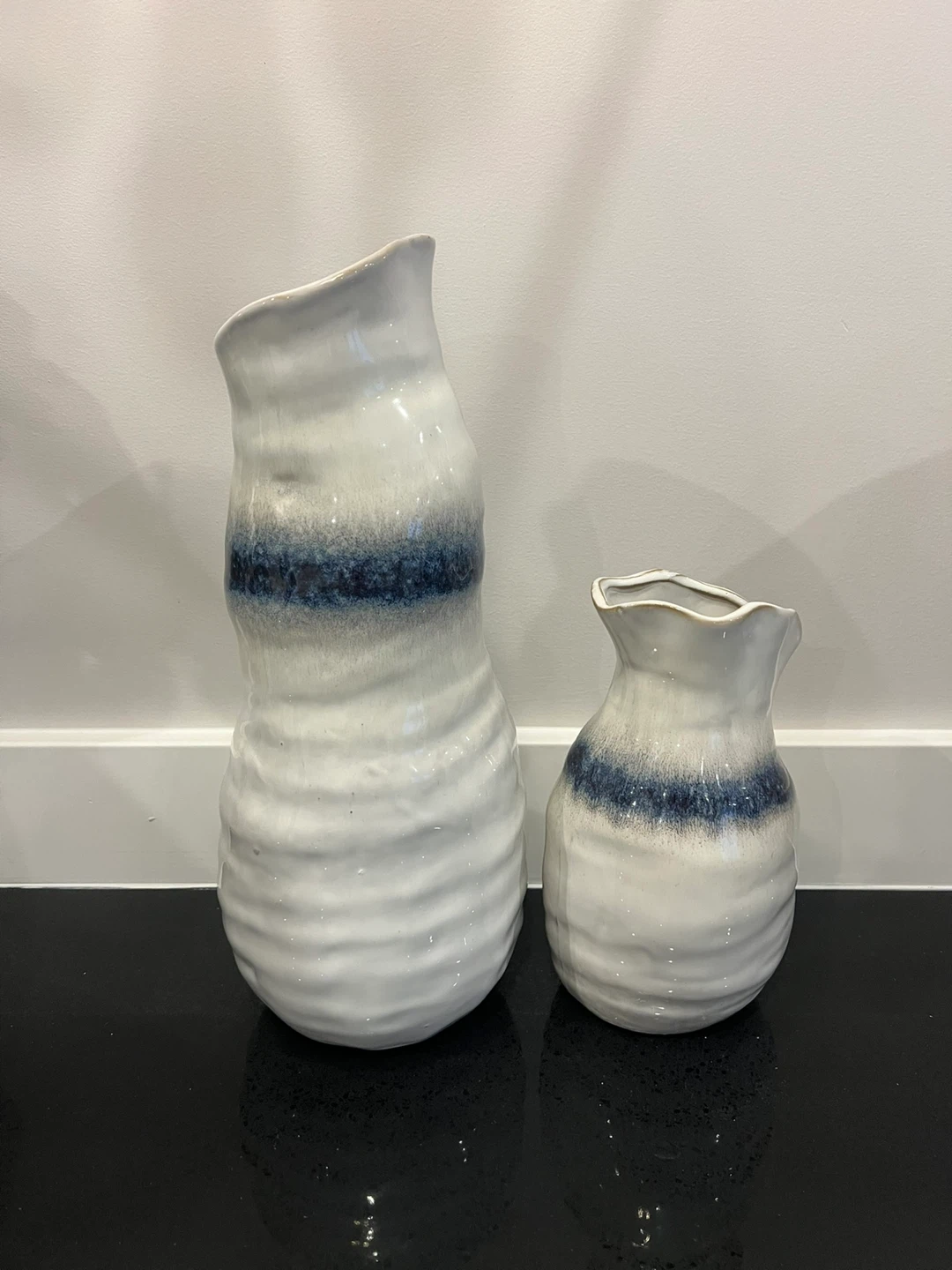 Set of 2 White and Blue Ceramic Vases