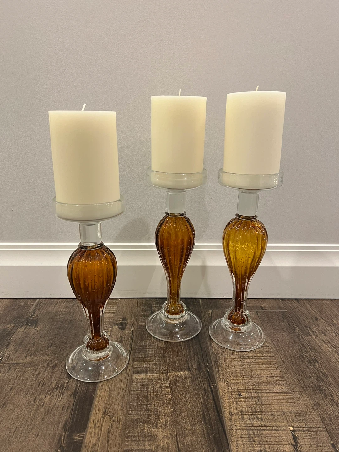 Set of 3 Amber and Clear Glass Candle Holders