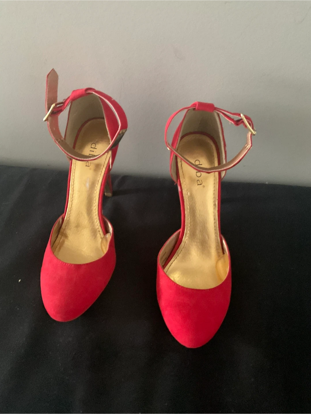 Red with Gold Ankle Strap Heels Size 6.5