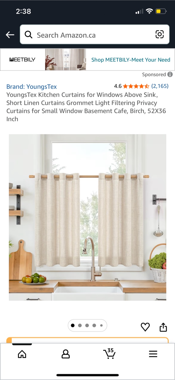 Linen Kitchen Curtains 52W x 36L Inch (2 Panels)