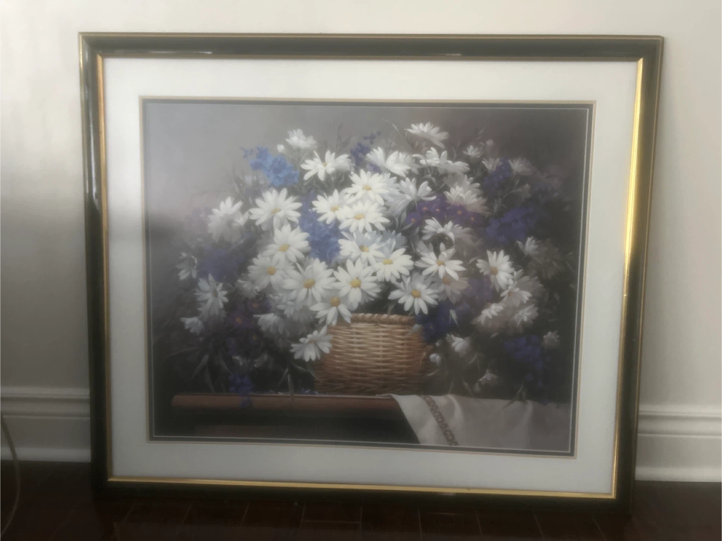 Framed Daisy and Blue Flower Basket Art Print