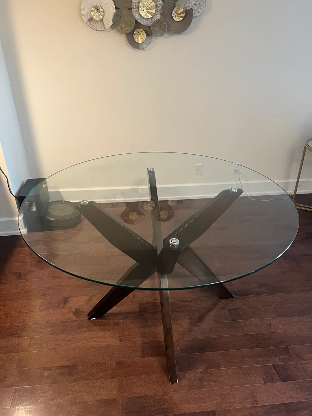 48” Round Glass Dining Table with Dark Wood Pedestal Base