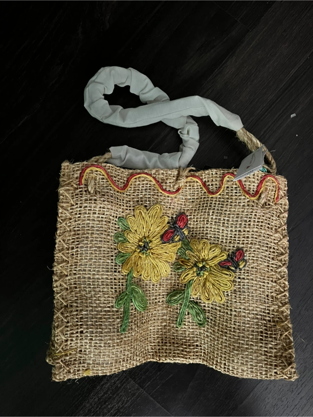 Handmade Ixtle Cactus Fiber Woven Bag with Embroidered Flowers