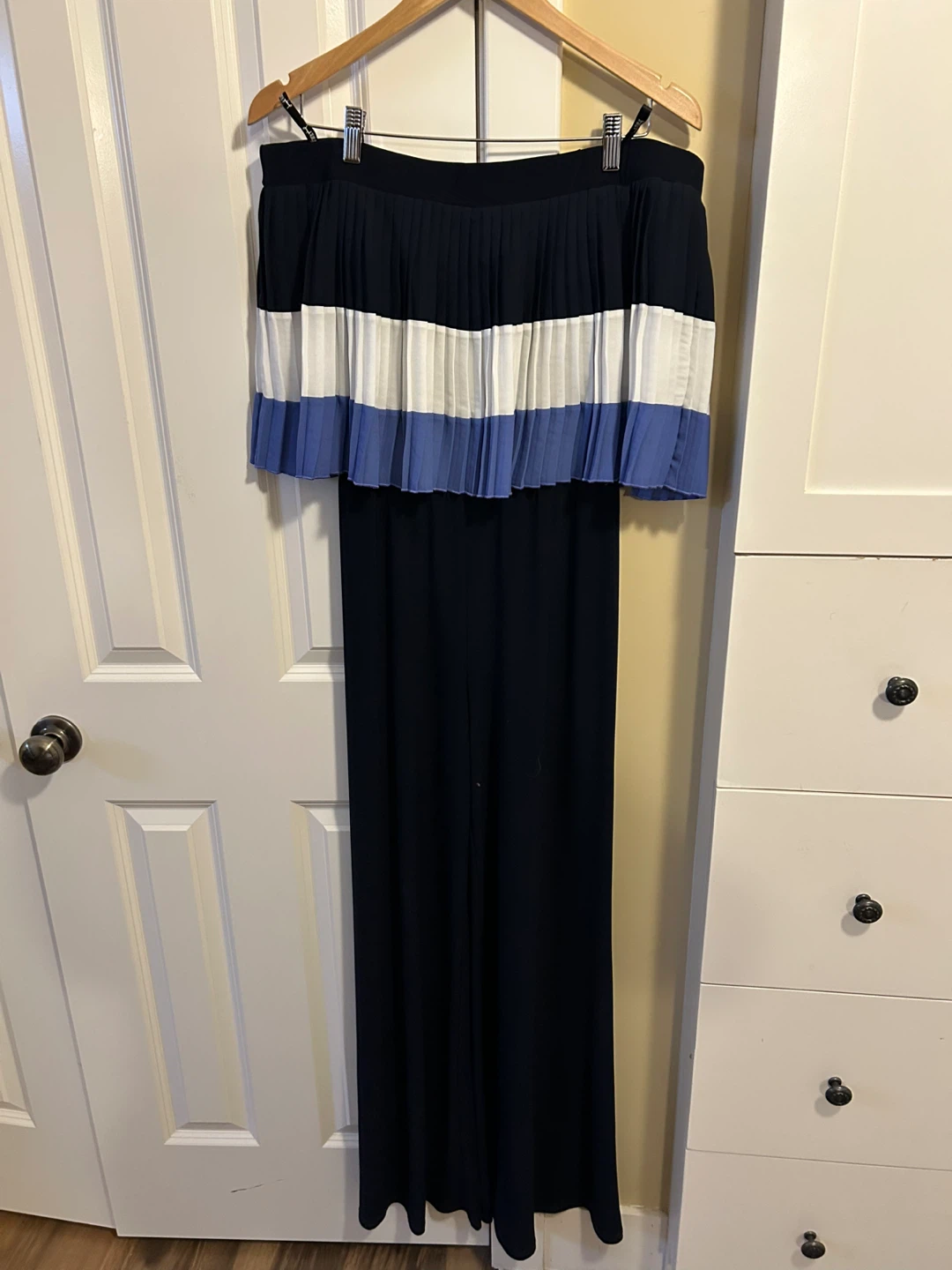 Joseph Ribkoff Navy, White, and Blue Pleated Jumpsuit