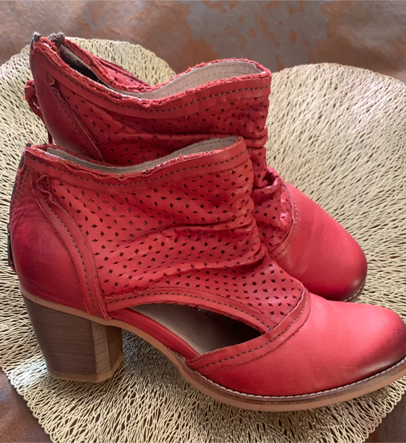 DKODE Red Leather Perforated Ankle Boots