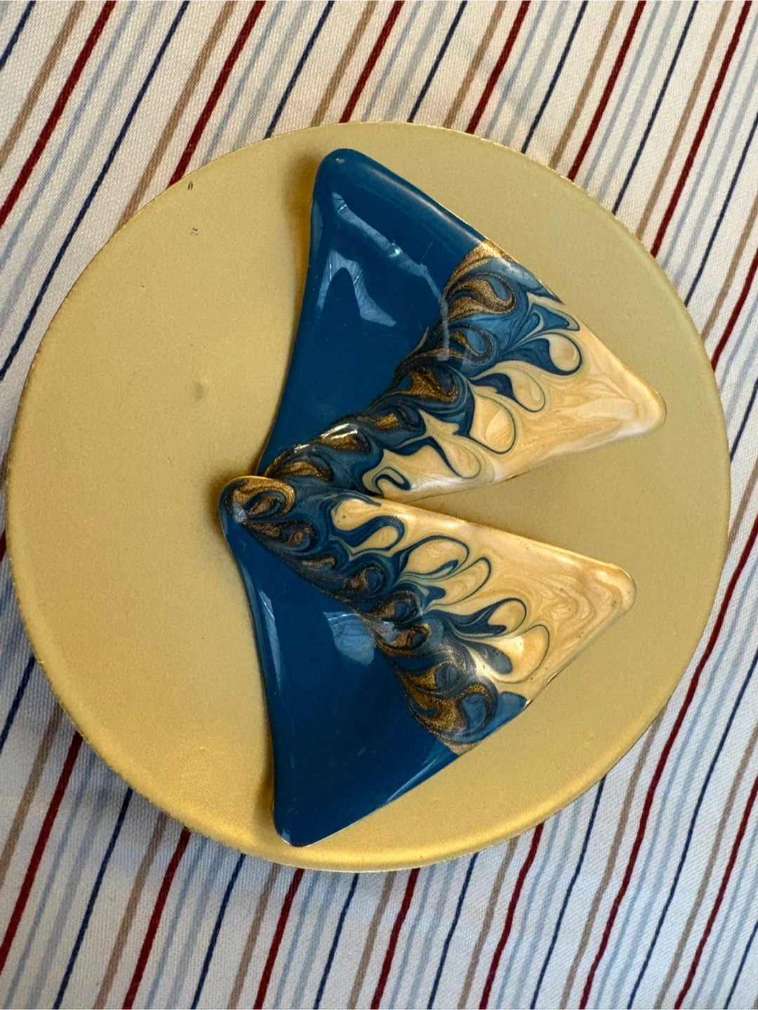 Vintage Two Blue and Gold Swirl Resin Triangle earrings.