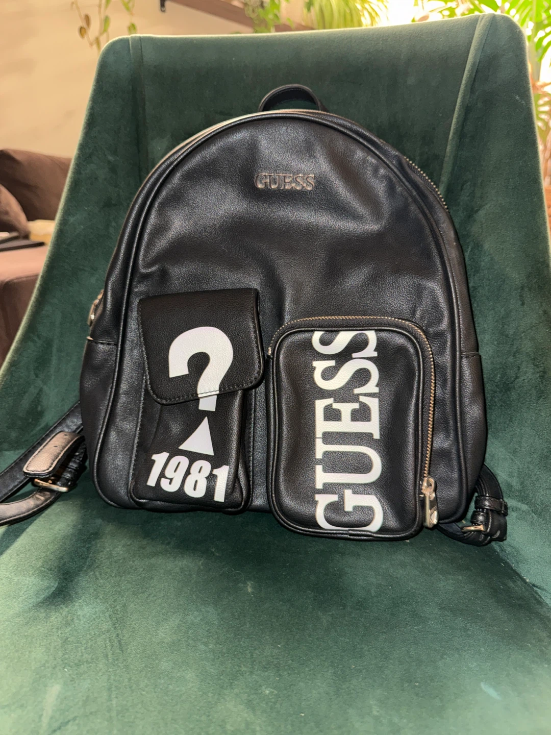 GUESS Black Faux Leather Backpack with "1981" Logo