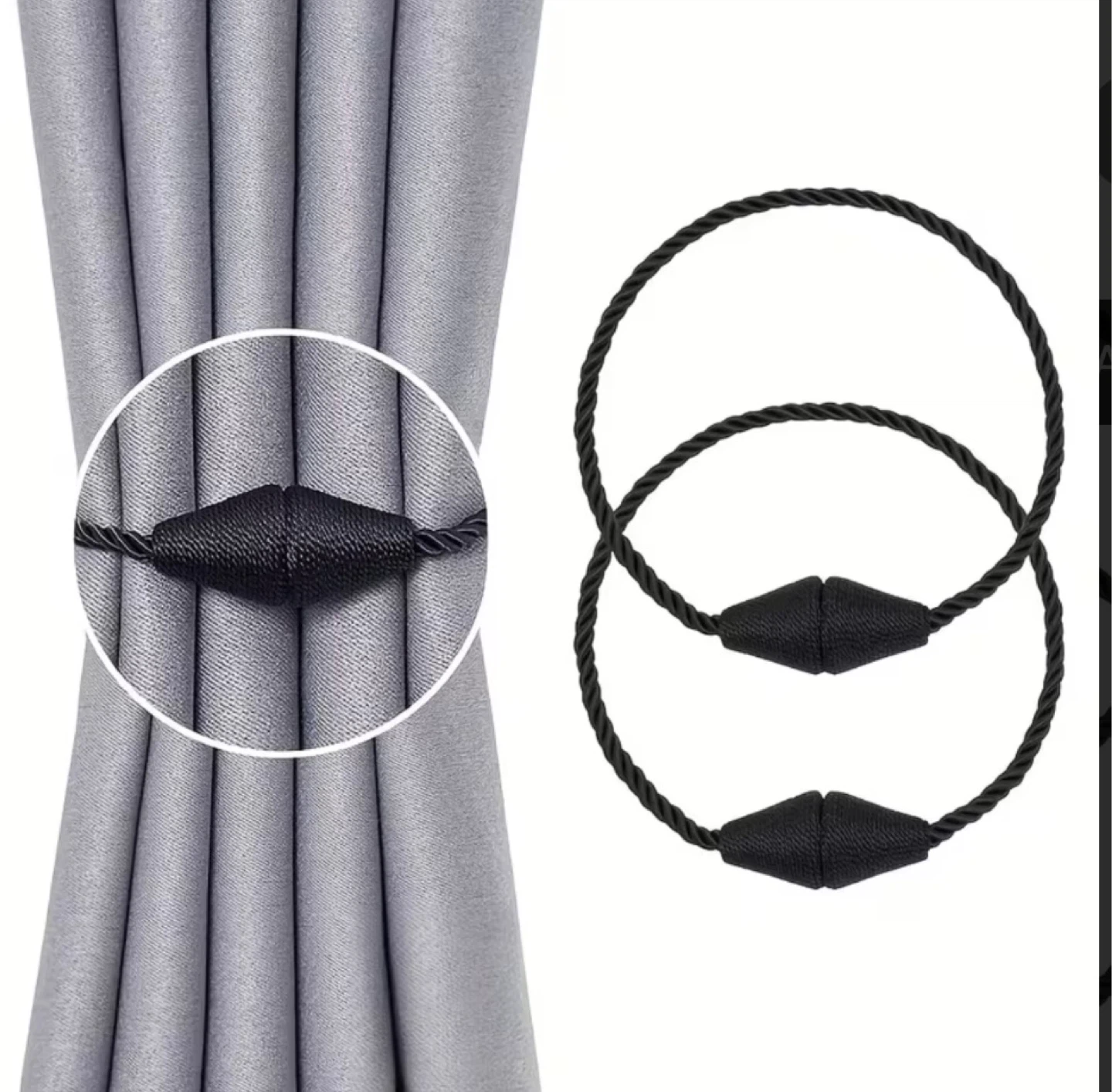 2 Black Rope Curtain Tie-Backs with Magnetic Clasps