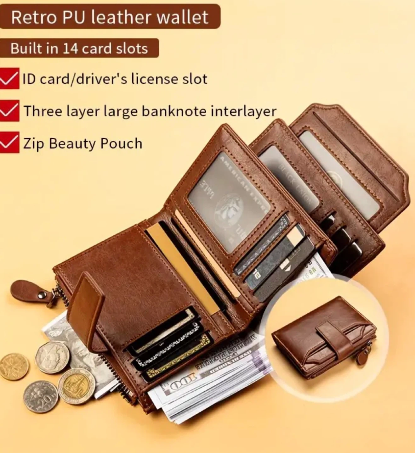 New ! Brown  PU Leather Wallet