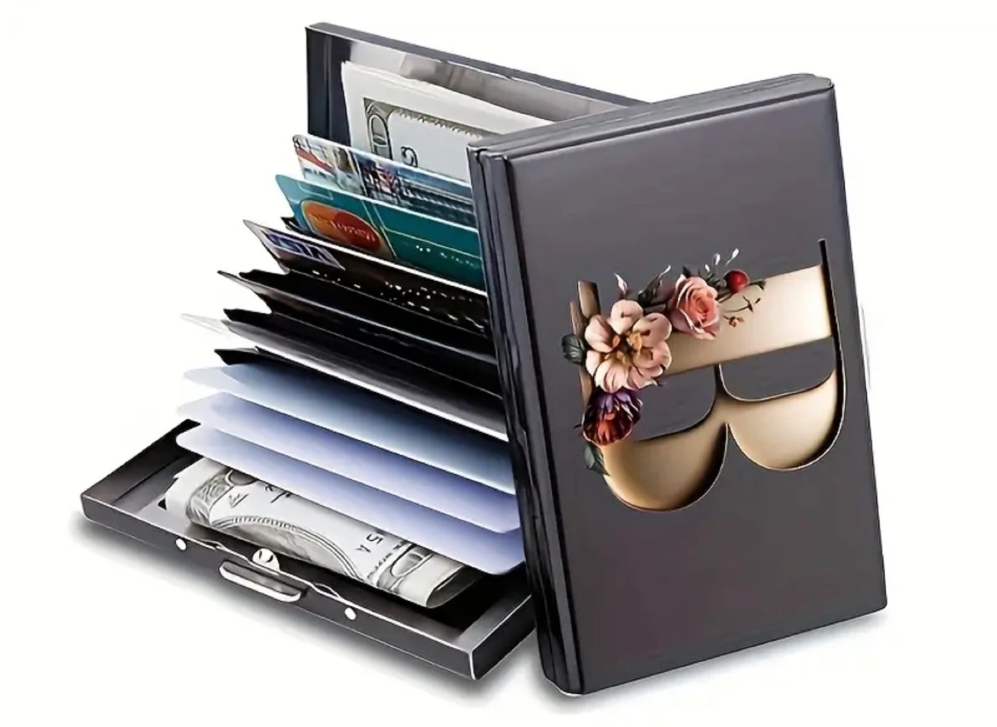New! Aluminum 10 Card Holder Wallet with Floral "U " Design - photo 2