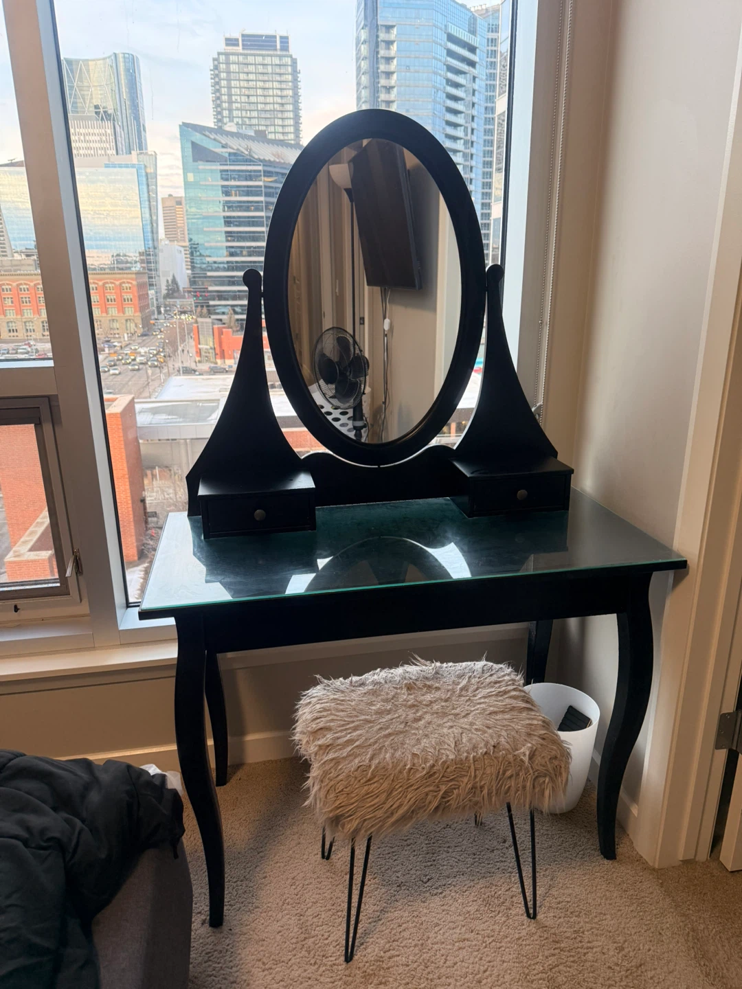 Black Vanity Table with Mirror and Stool - photo 2