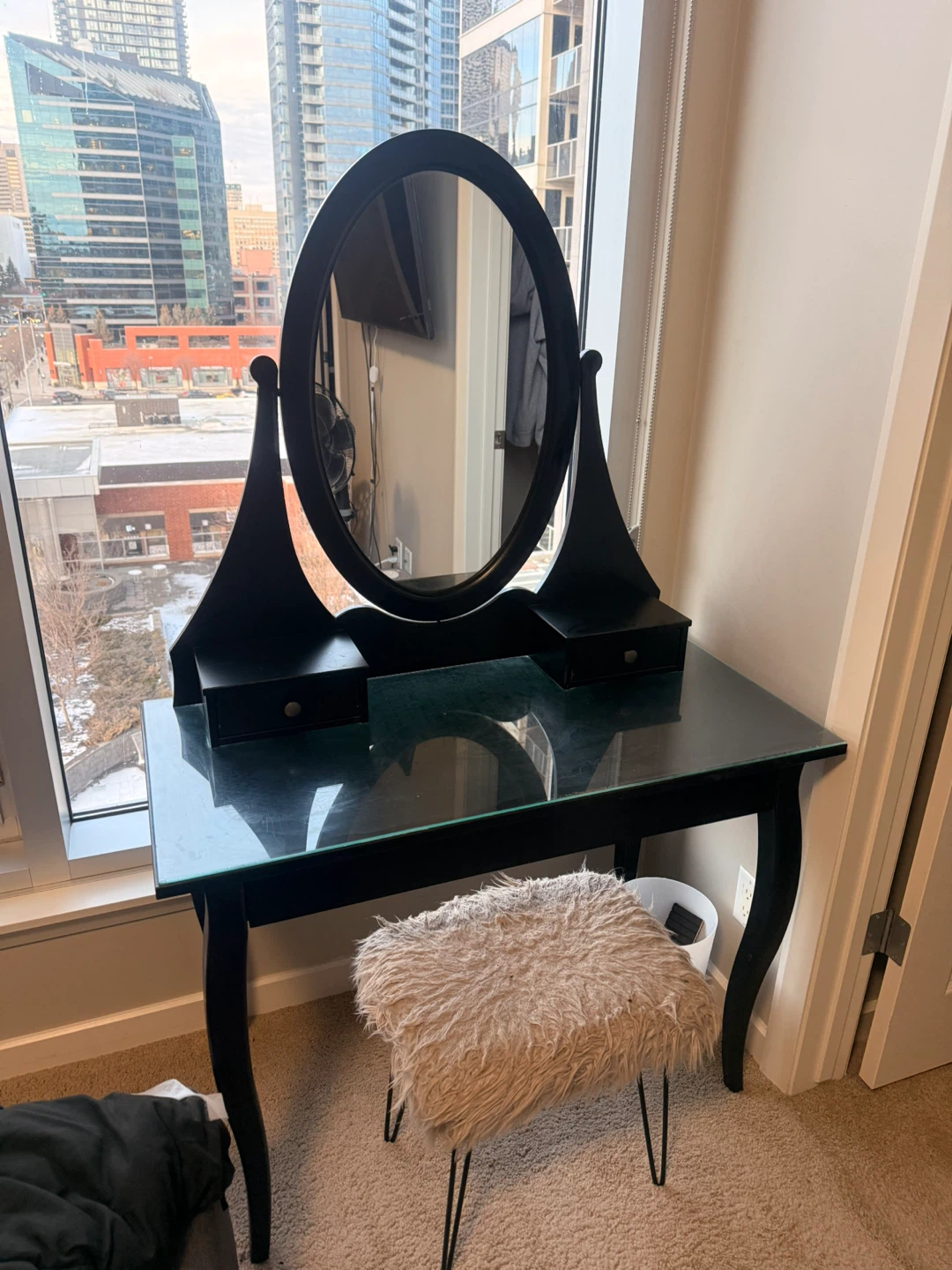 Black Vanity Table with Mirror and Stool - photo 4