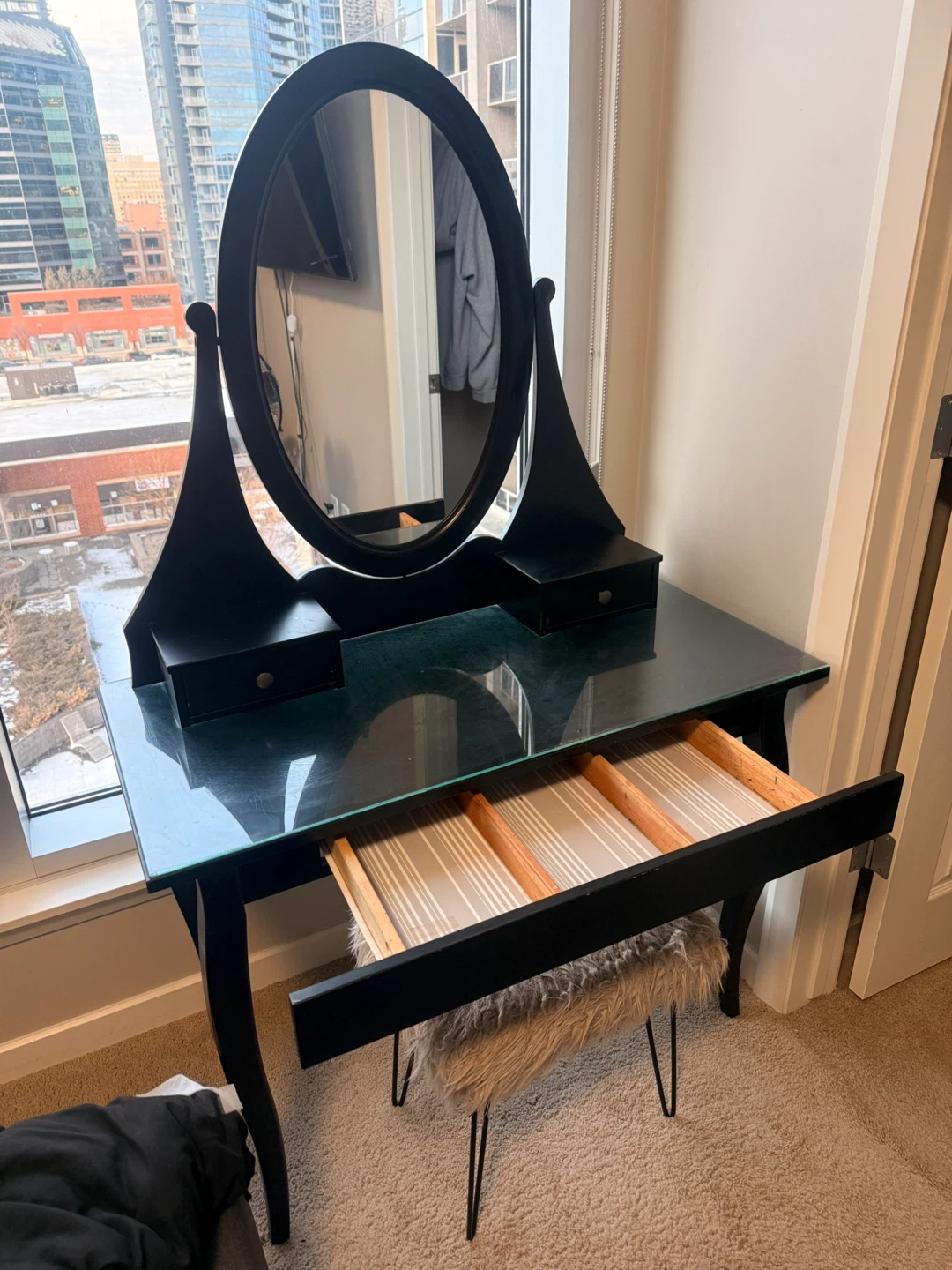 Black Vanity Table with Mirror and Stool - photo 5