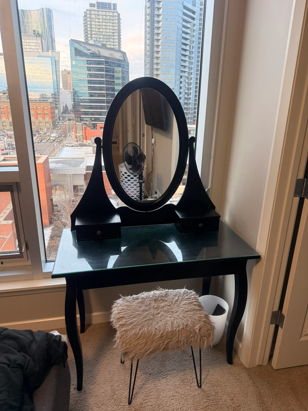 Black Vanity Table with Mirror and Stool